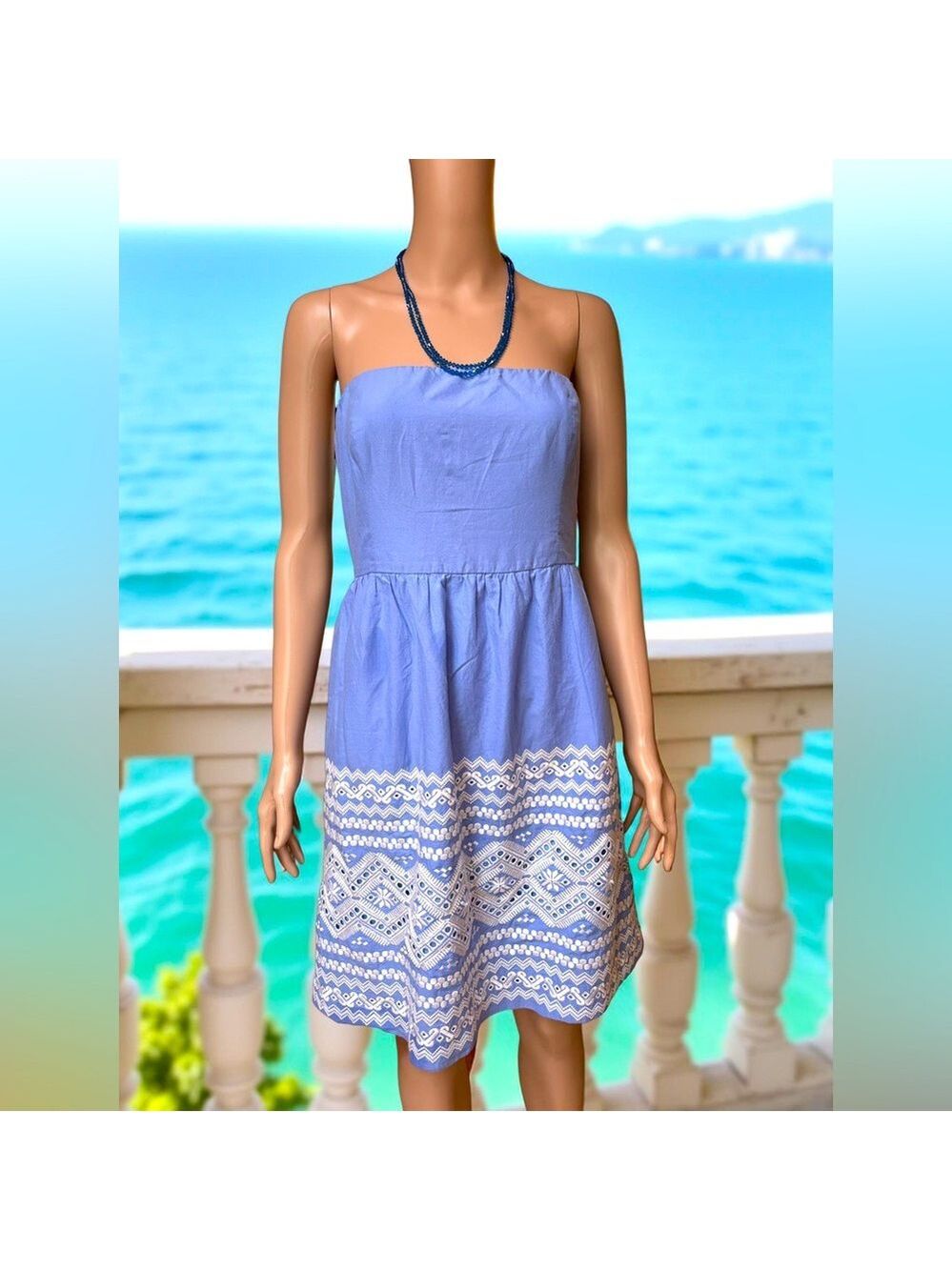 (3 for $12 item) J Crew Blue Strapless Dress Size 8 Cotton Embroidered